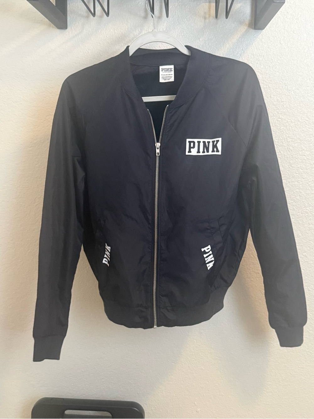 PINK Victoria's Secret Black Zip Windbreaker Bomber Jacket Patch XS
